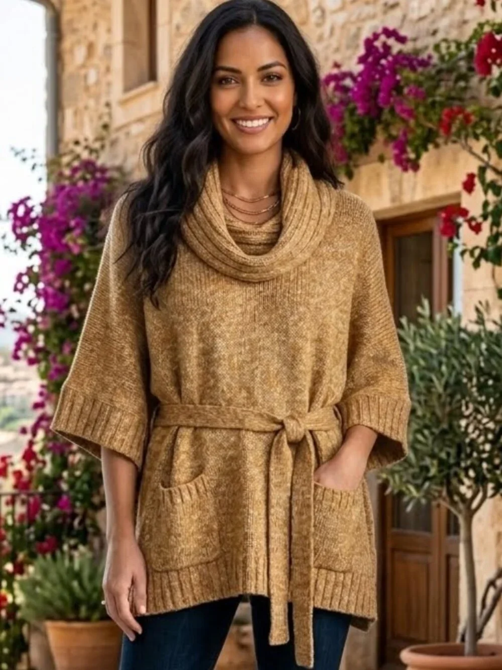 Michael Kors Belted Cowl Neck Poncho Sweater - Pockets & Ribbed Trim sz L/XL EUC